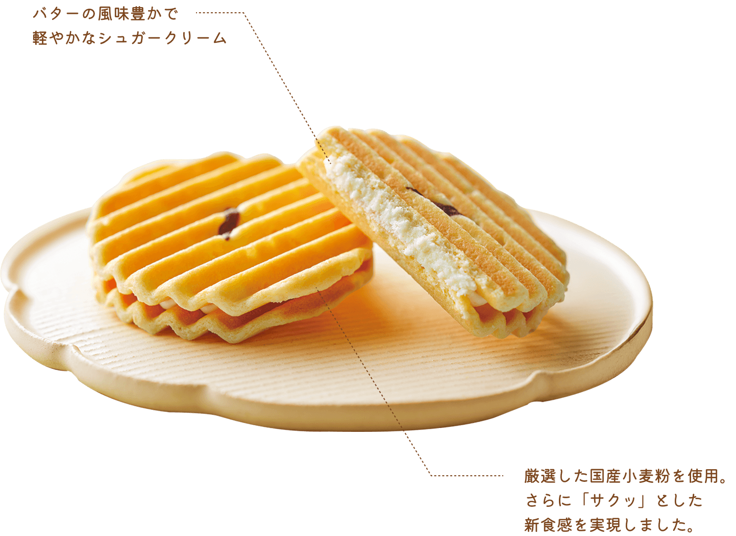プレミアム千寿せんべい。バターの風味豊かで軽やかなシュガークリームと、厳選した国産小麦粉を使用したサクッとした新食感が特徴です。